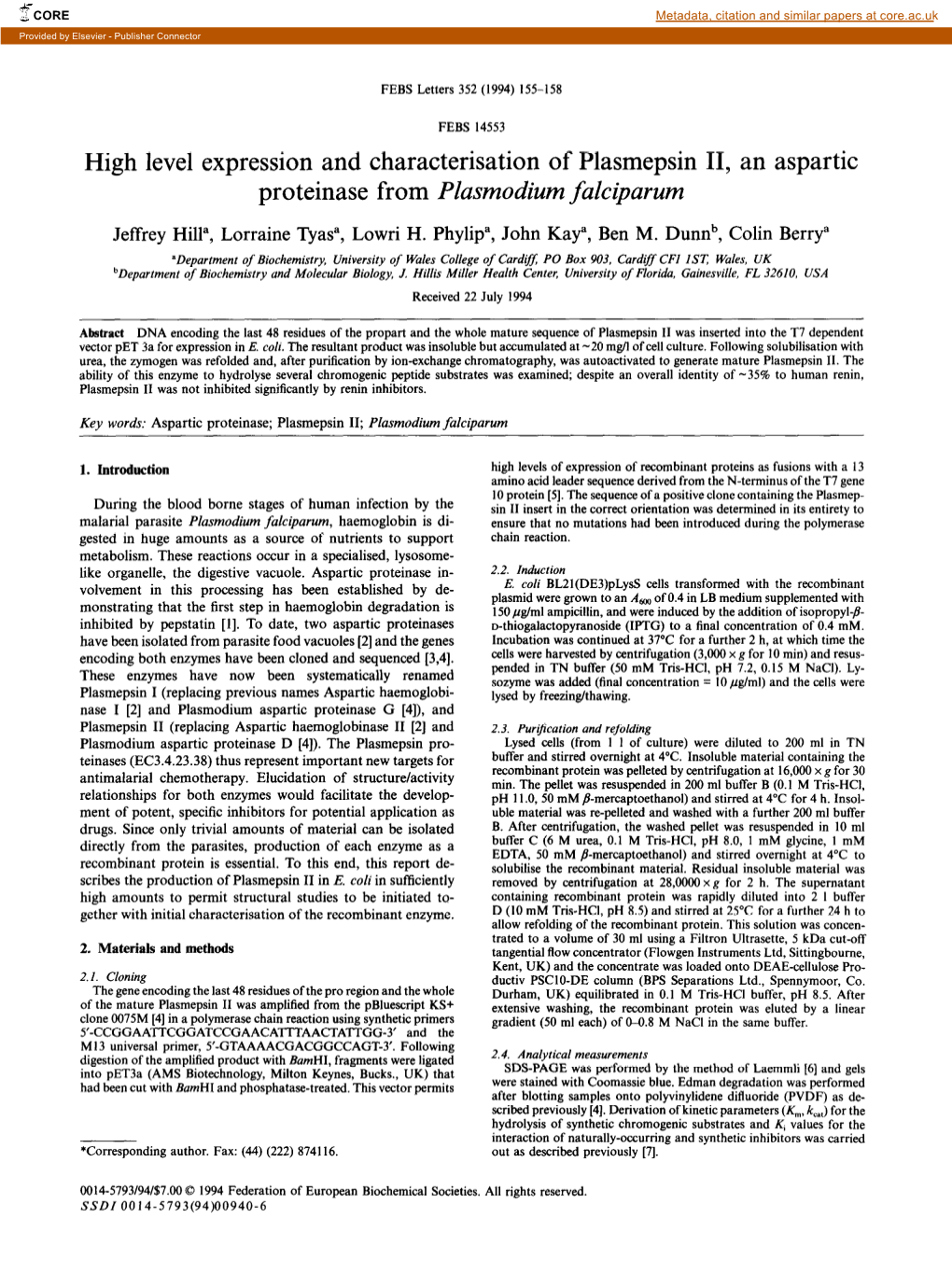 High Level Expression and Characterisation of Plasmepsin II, an Aspartic Proteinase from Plasmodium Falciparum