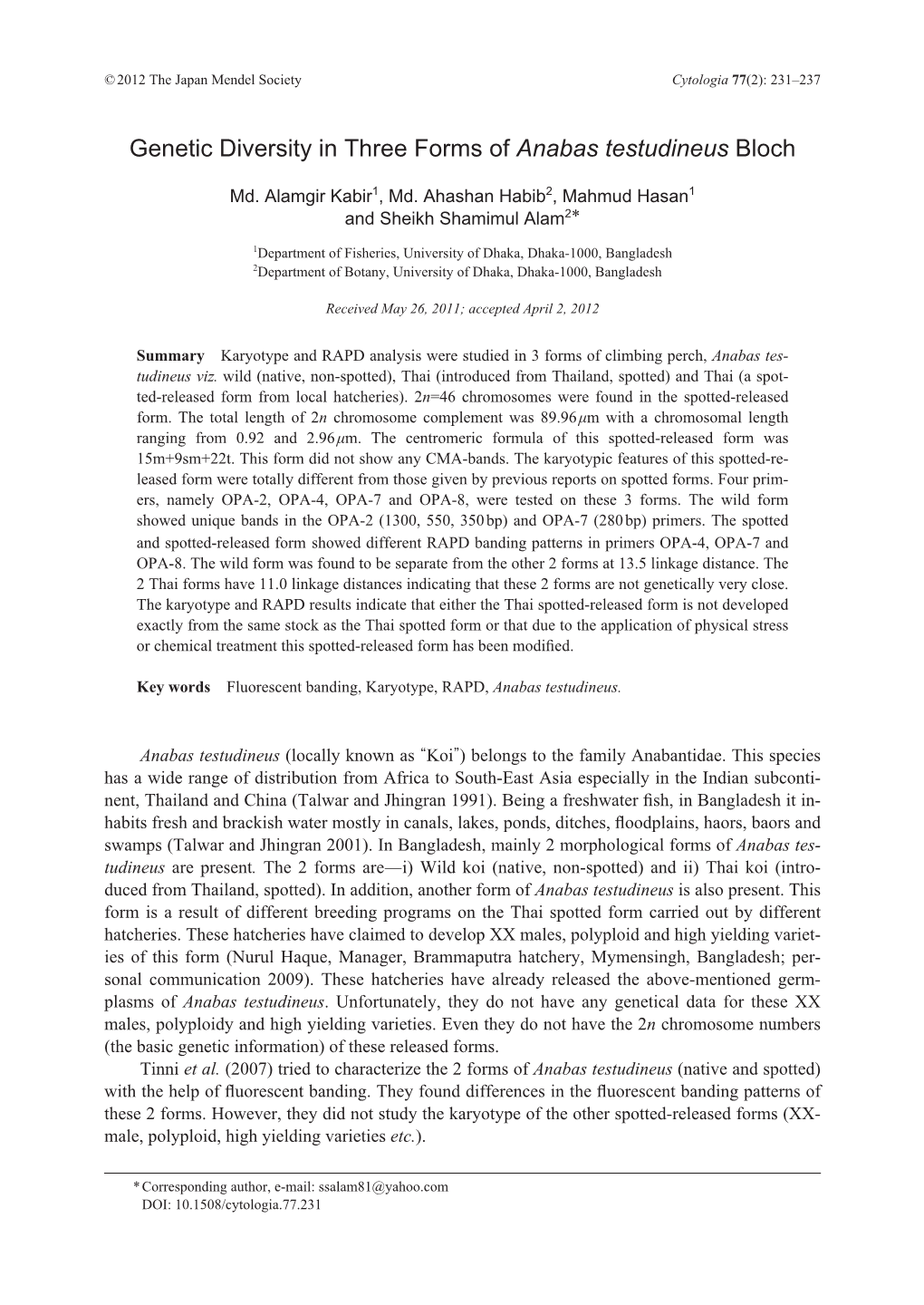 Genetic Diversity in Three Forms of Anabas Testudineus Bloch