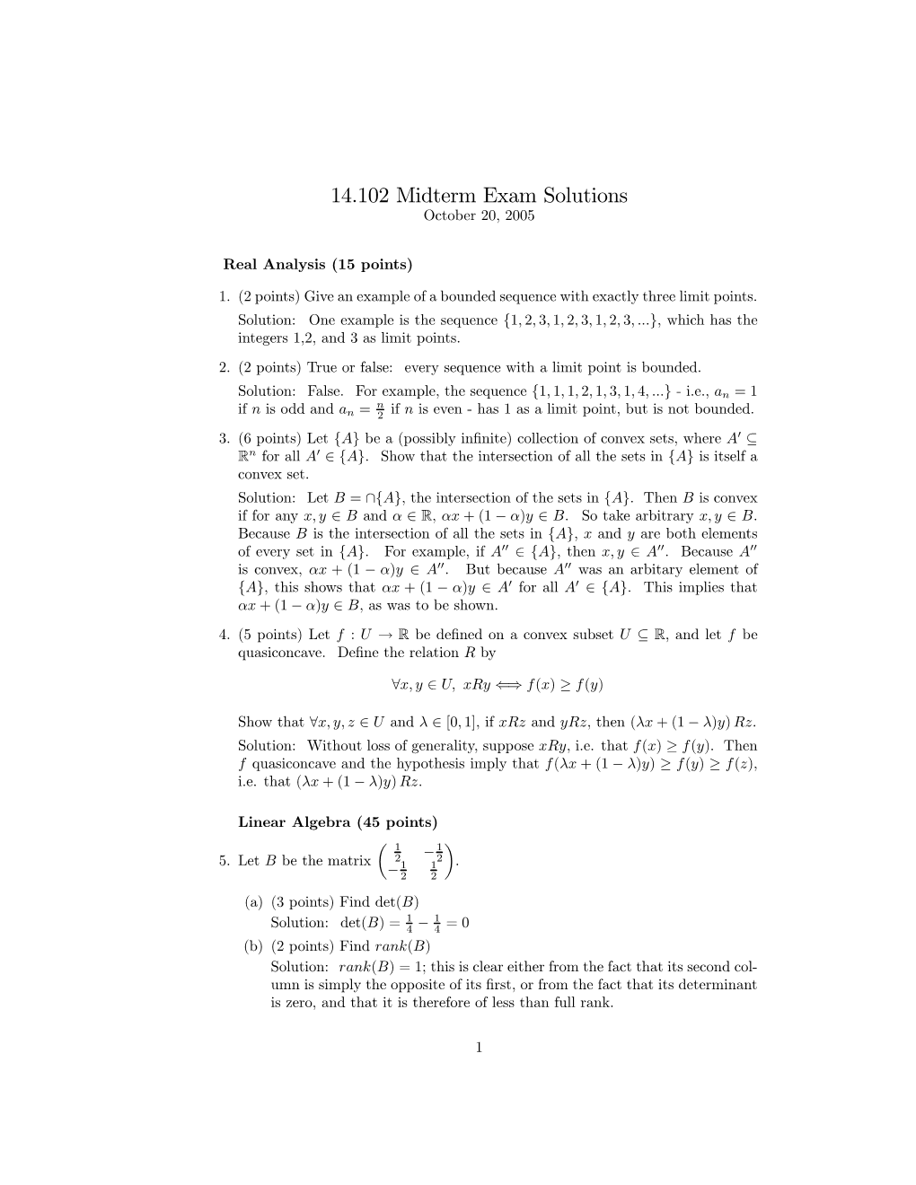 14.102 Midterm Exam Solutions October 20, 2005