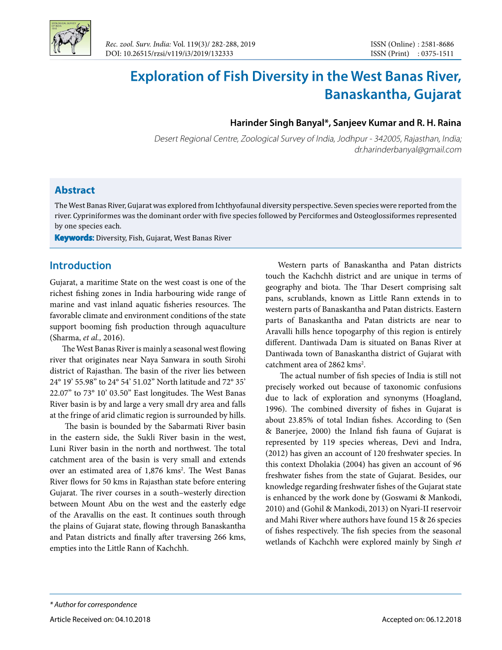 Exploration of Fish Diversity in the West Banas River, Banaskantha, Gujarat