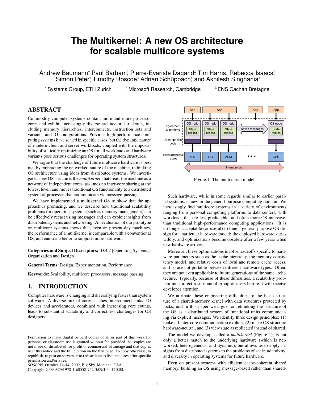 The Multikernel: a New OS Architecture for Scalable Multicore Systems