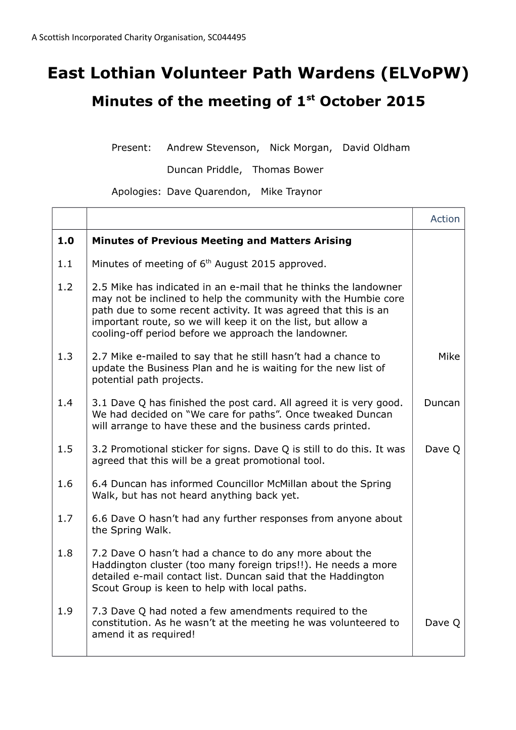 East Lothian Volunteer Path Wardens (Elvopw) Minutes of the Meeting of 1St October 2015