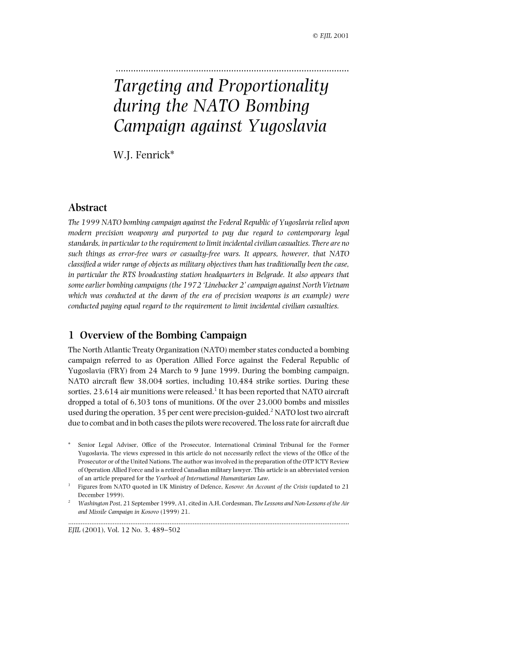 Targeting and Proportionality During the NATO Bombing Campaign Against Yugoslavia