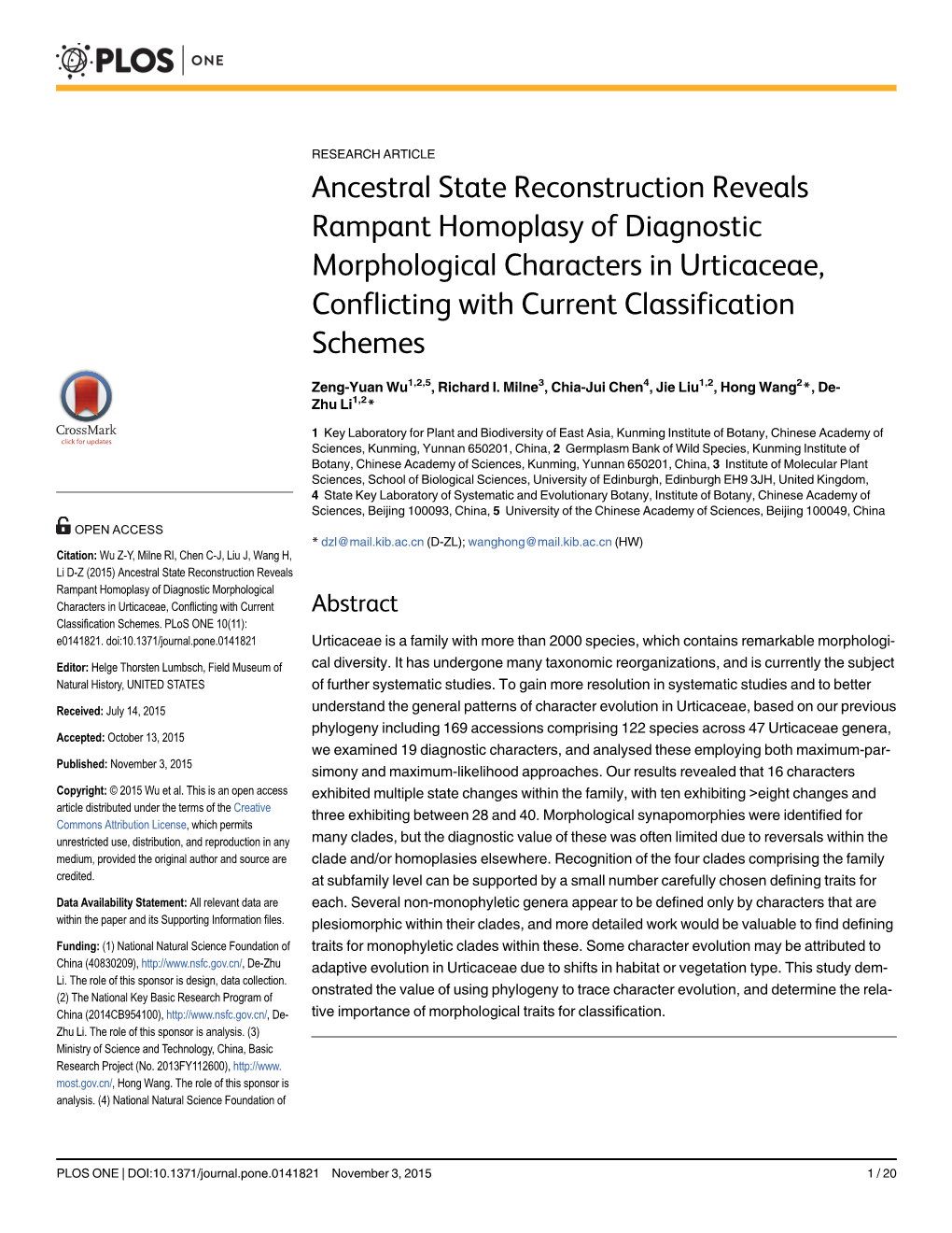 Ancestral State Reconstruction Reveals Rampant Homoplasy of Diagnostic Morphological Characters in Urticaceae, Conflicting with Current Classification Schemes