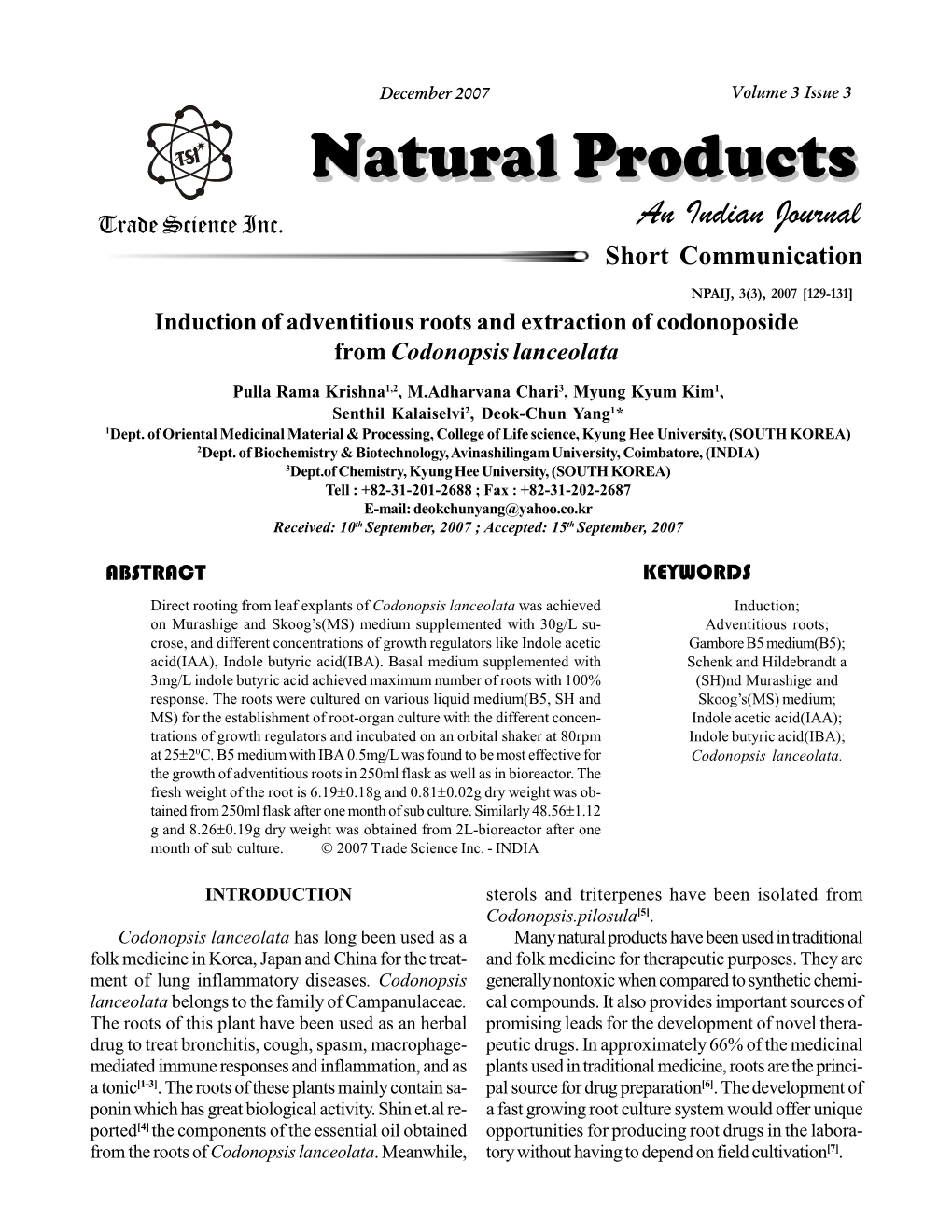 Induction of Adventitious Roots and Extraction of Codonoposide from Codonopsis Lanceolata