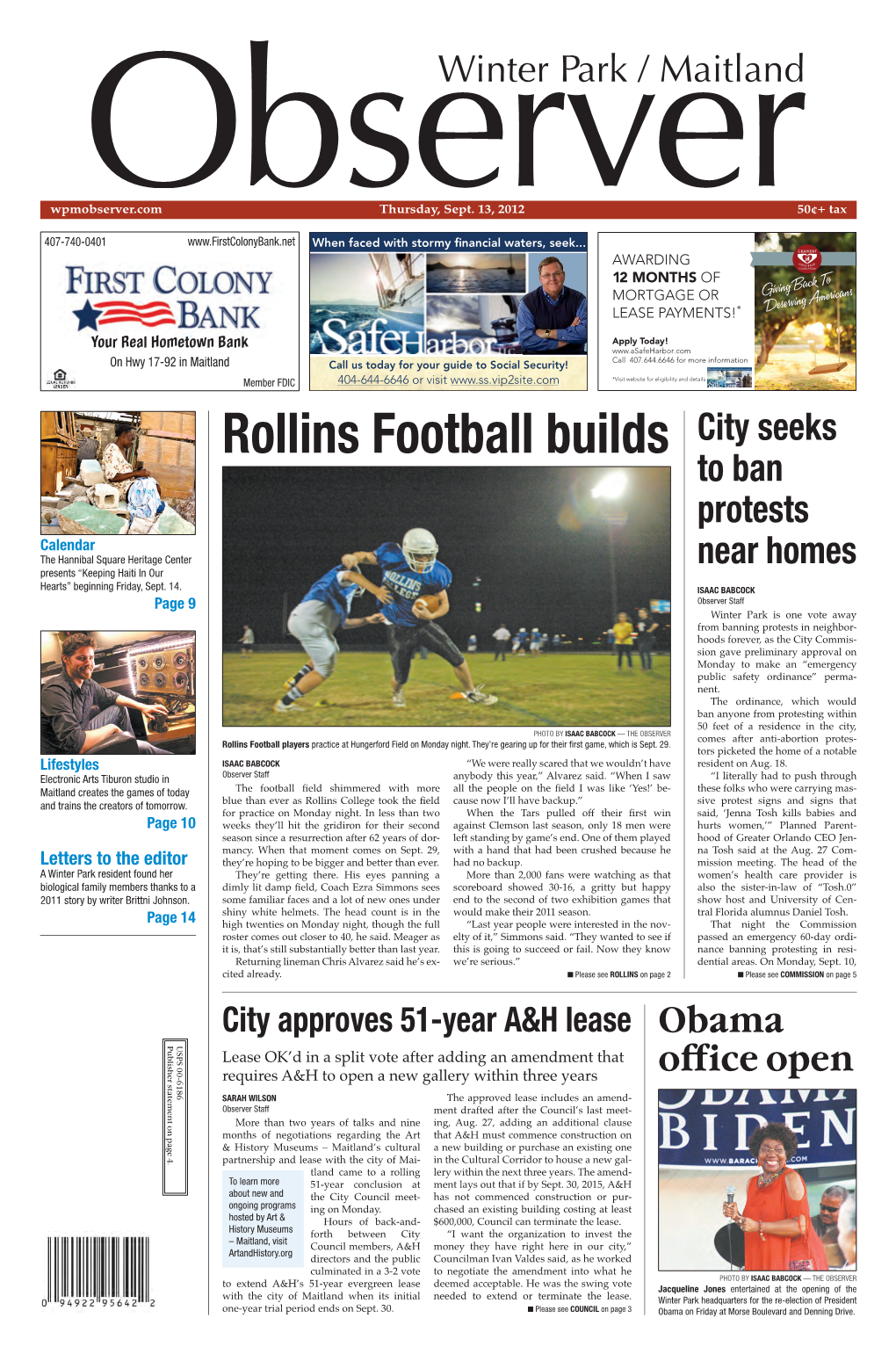 Rollins Football Builds Rollins Football USPS 00-6186 Publisher Statement on Page 4