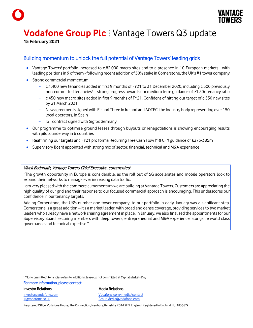 Vodafone Group Plc Vantage Towers Q3 Update 15 February 2021