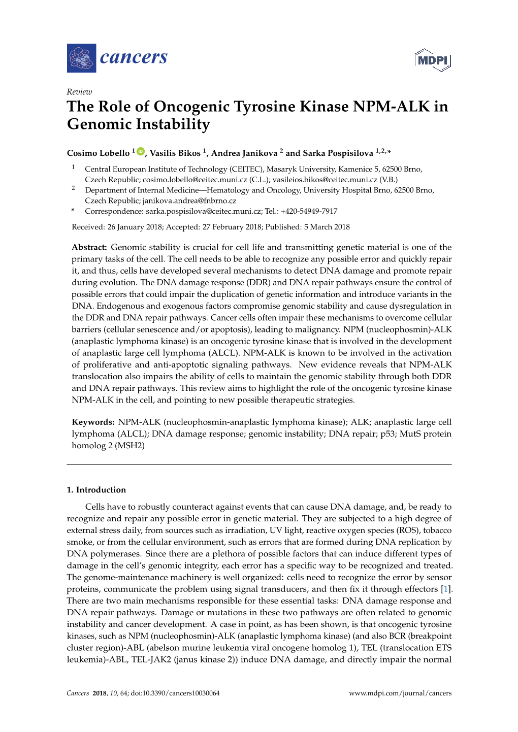 The Role of Oncogenic Tyrosine Kinase NPM-ALK in Genomic Instability