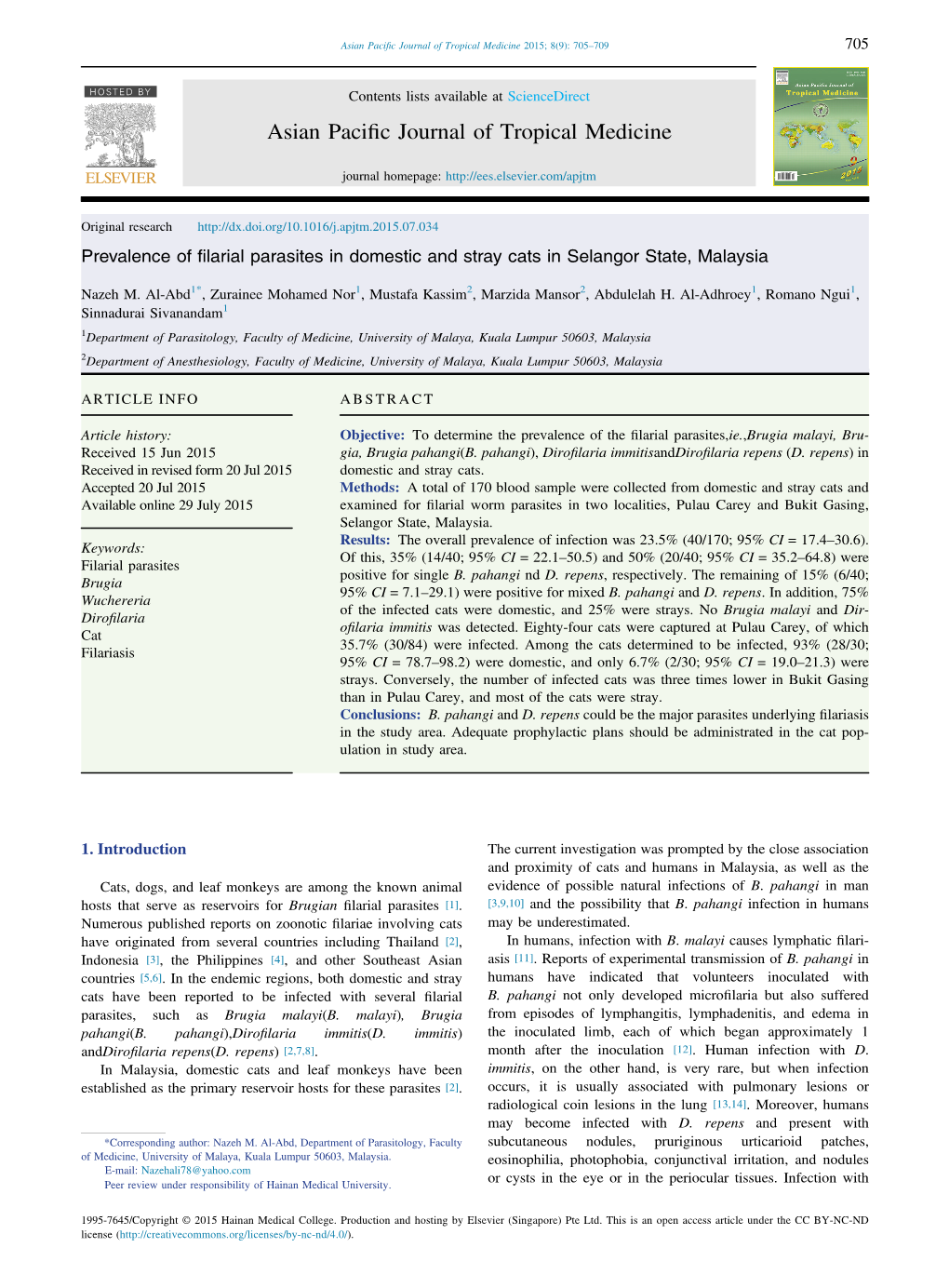 Prevalence of Filarial Parasites in Domestic and Stray Cats in Selangor State, Malaysia