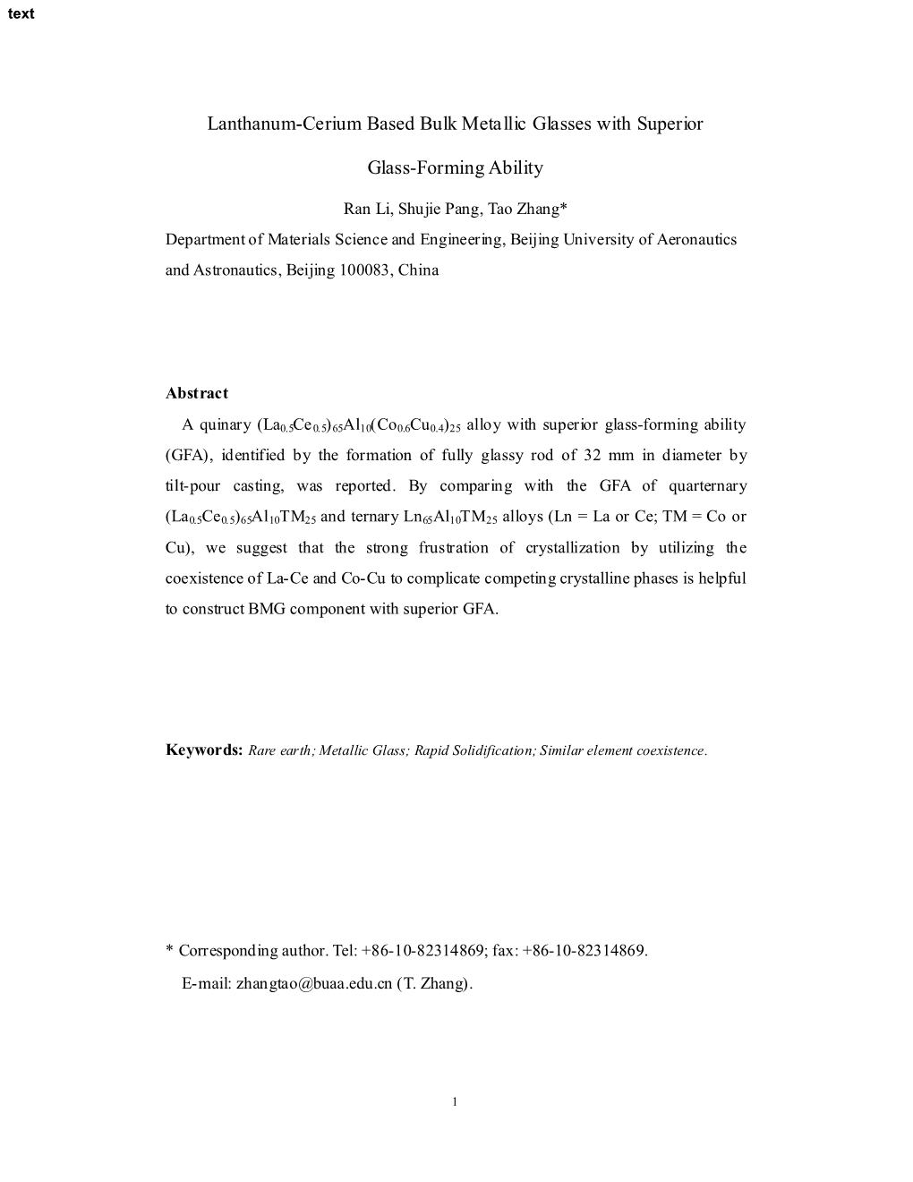 Lanthanum-Cerium Based Bulk Metallic Glasses with Superior