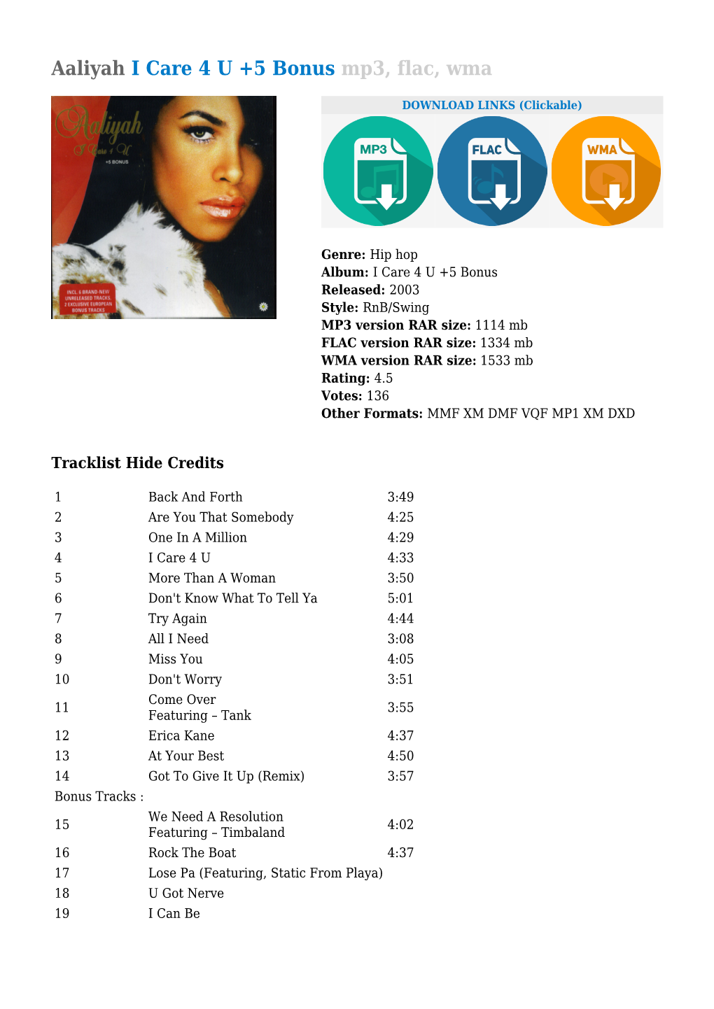 Aaliyah I Care 4 U +5 Bonus Mp3, Flac, Wma