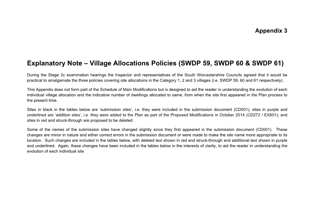 Explanatory Note – Village Allocations Policies (SWDP 59, SWDP 60 & SWDP 61)