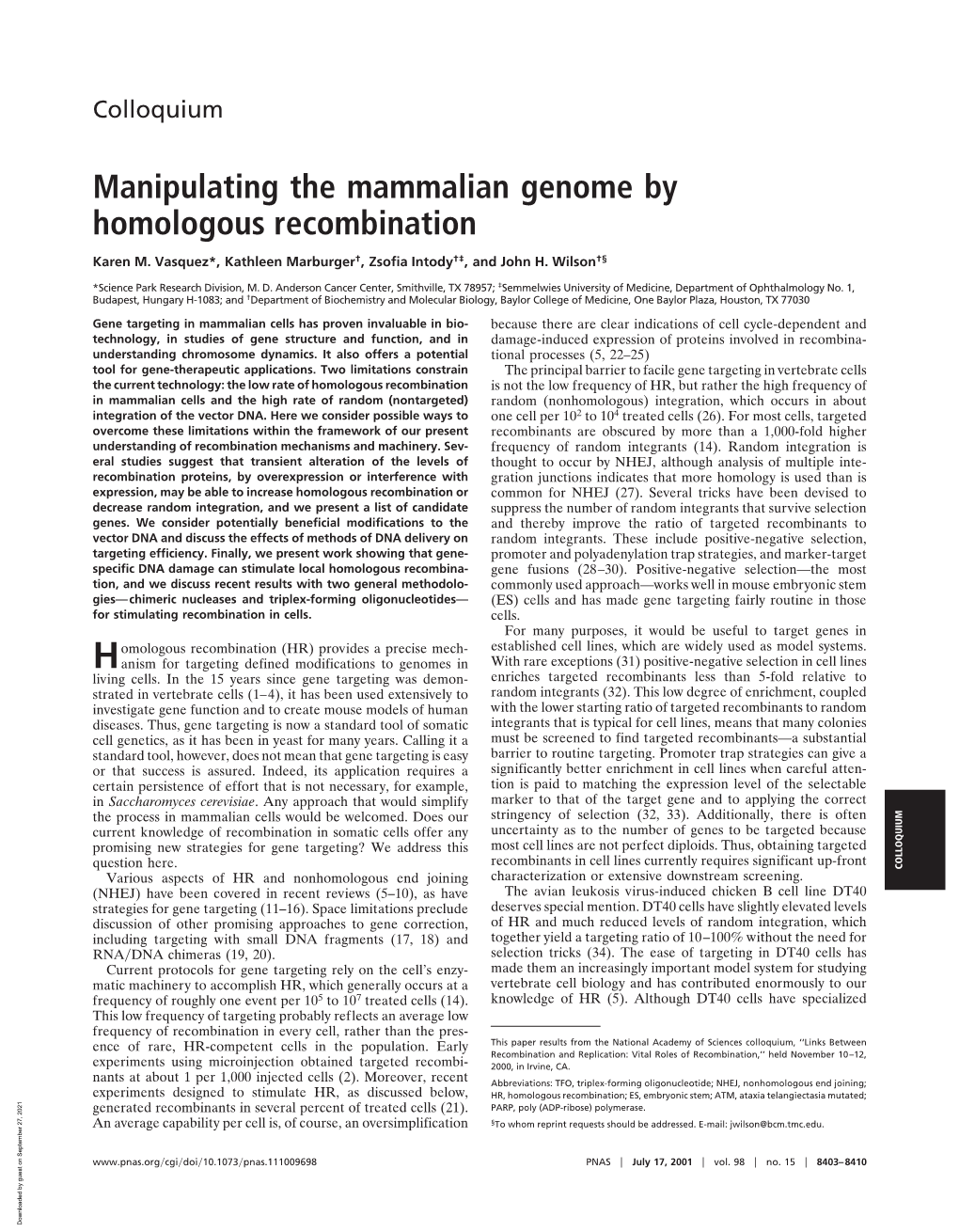 Manipulating the Mammalian Genome by Homologous Recombination