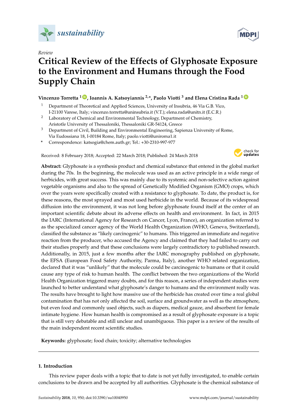 Critical Review of the Effects of Glyphosate Exposure to the Environment and Humans Through the Food Supply Chain