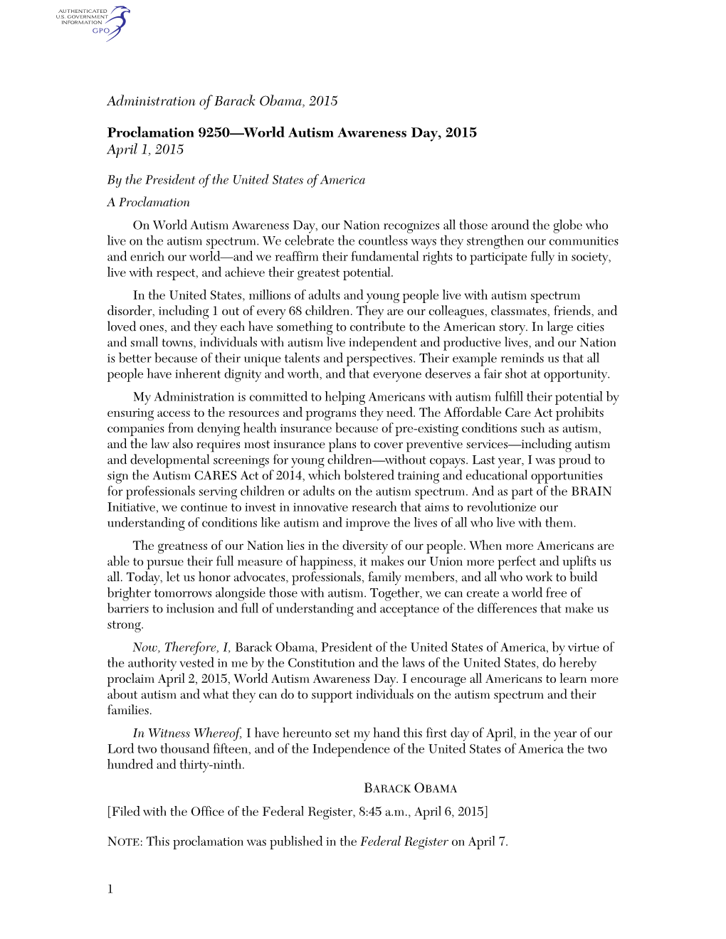 Administration of Barack Obama, 2015 Proclamation 9250—World Autism