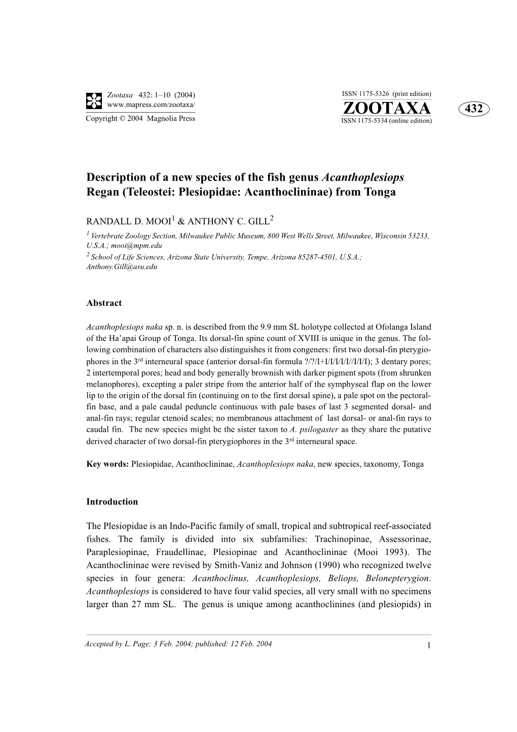 Zootaxa 432: 1–10 (2004) ISSN 1175-5326 (Print Edition) ZOOTAXA 432 Copyright © 2004 Magnolia Press ISSN 1175-5334 (Online Edition)