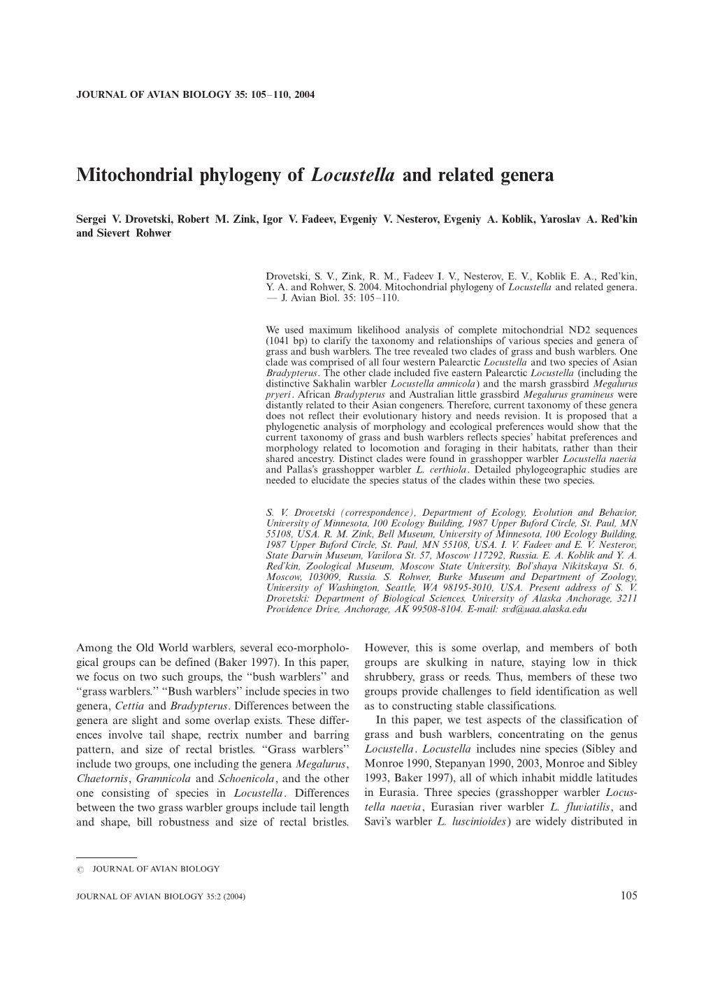 Mitochondrial Phylogeny of Locustella and Related Genera