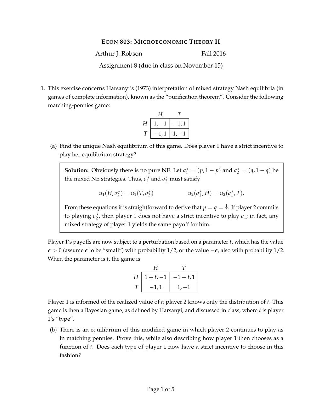 Interpretation of Mixed Strategy Nash Equilibria (In Games of Complete Information), Known As the “Puriﬁcation Theorem”