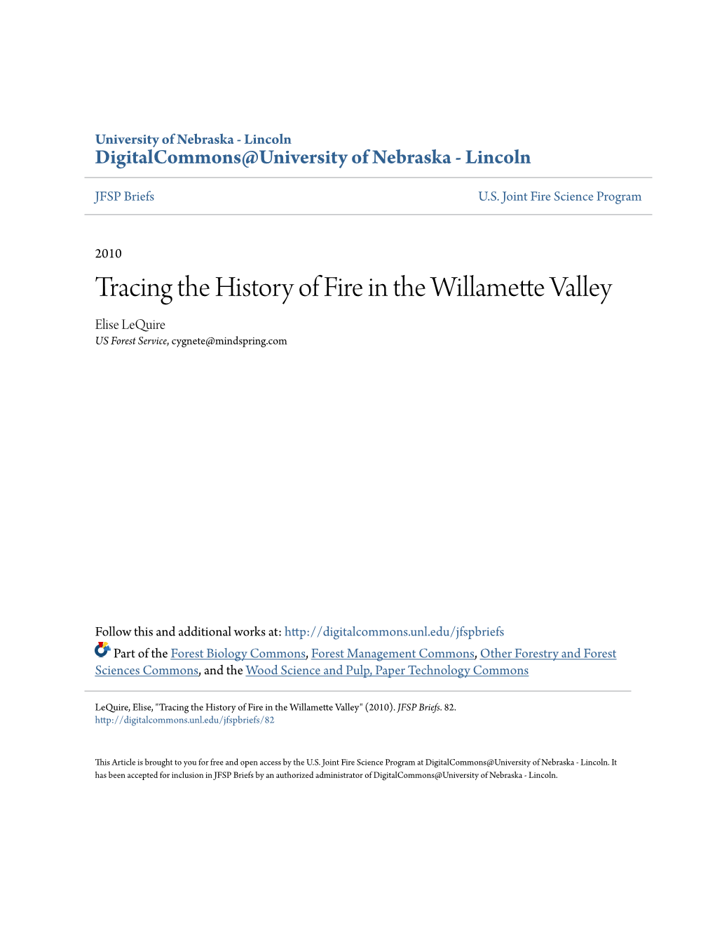 Tracing the History of Fire in the Willamette Valley Elise Lequire US Forest Service, Cygnete@Mindspring.Com