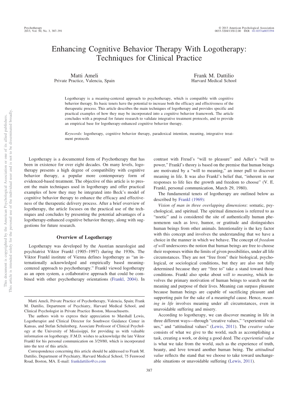 Enhancing Cognitive Behavior Therapy with Logotherapy: Techniques for Clinical Practice