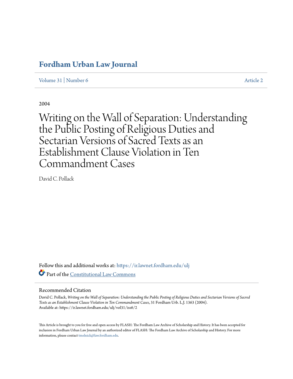 Writing on the Wall of Separation: Understanding the Public Posting of Religious Duties and Sectarian Versions of Sacred Texts A