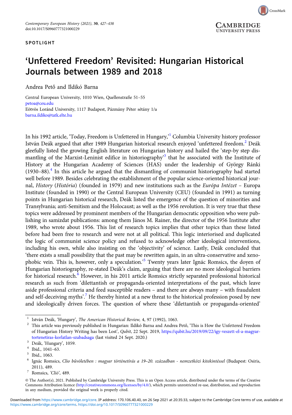 'Unfettered Freedom' Revisited: Hungarian Historical Journals