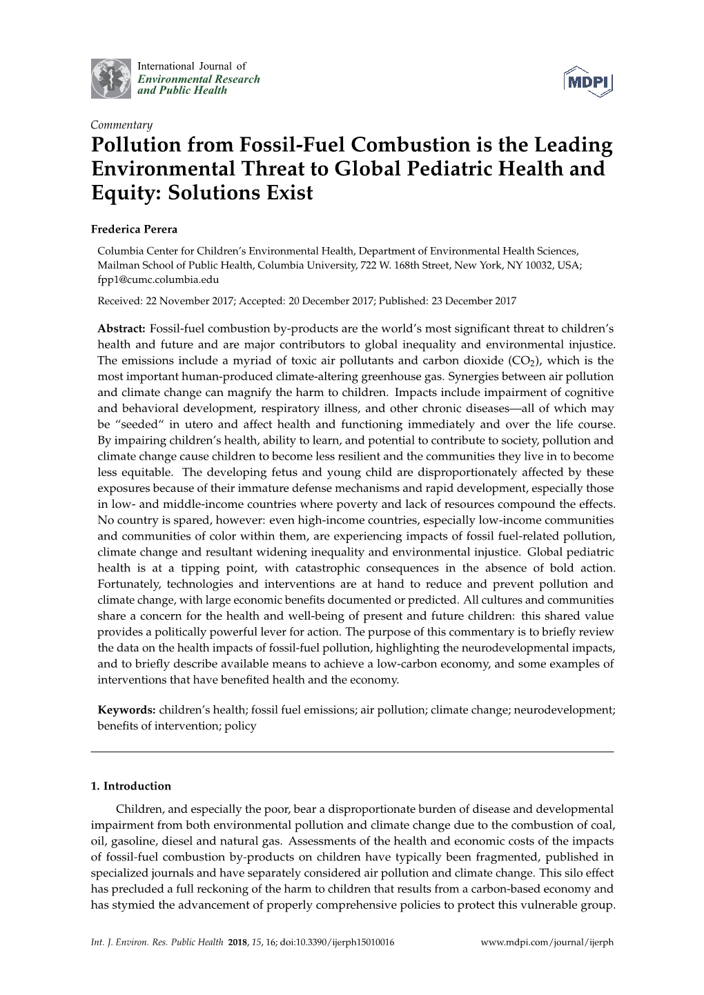 Pollution from Fossil-Fuel Combustion Is the Leading Environmental Threat to Global Pediatric Health and Equity: Solutions Exist