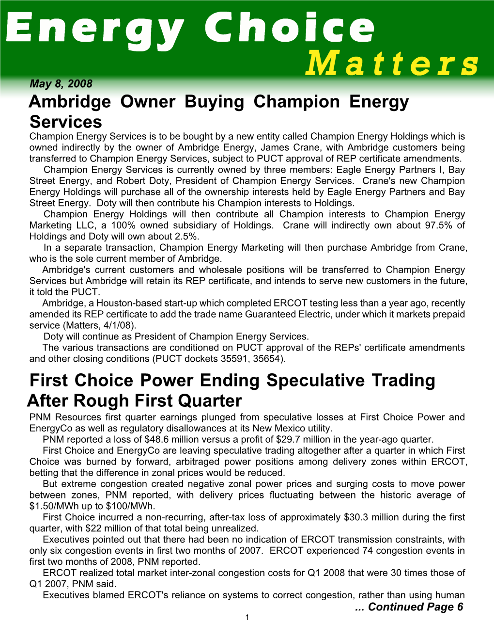 Ambridge Owner Buying Champion Energy Services First Choice Power