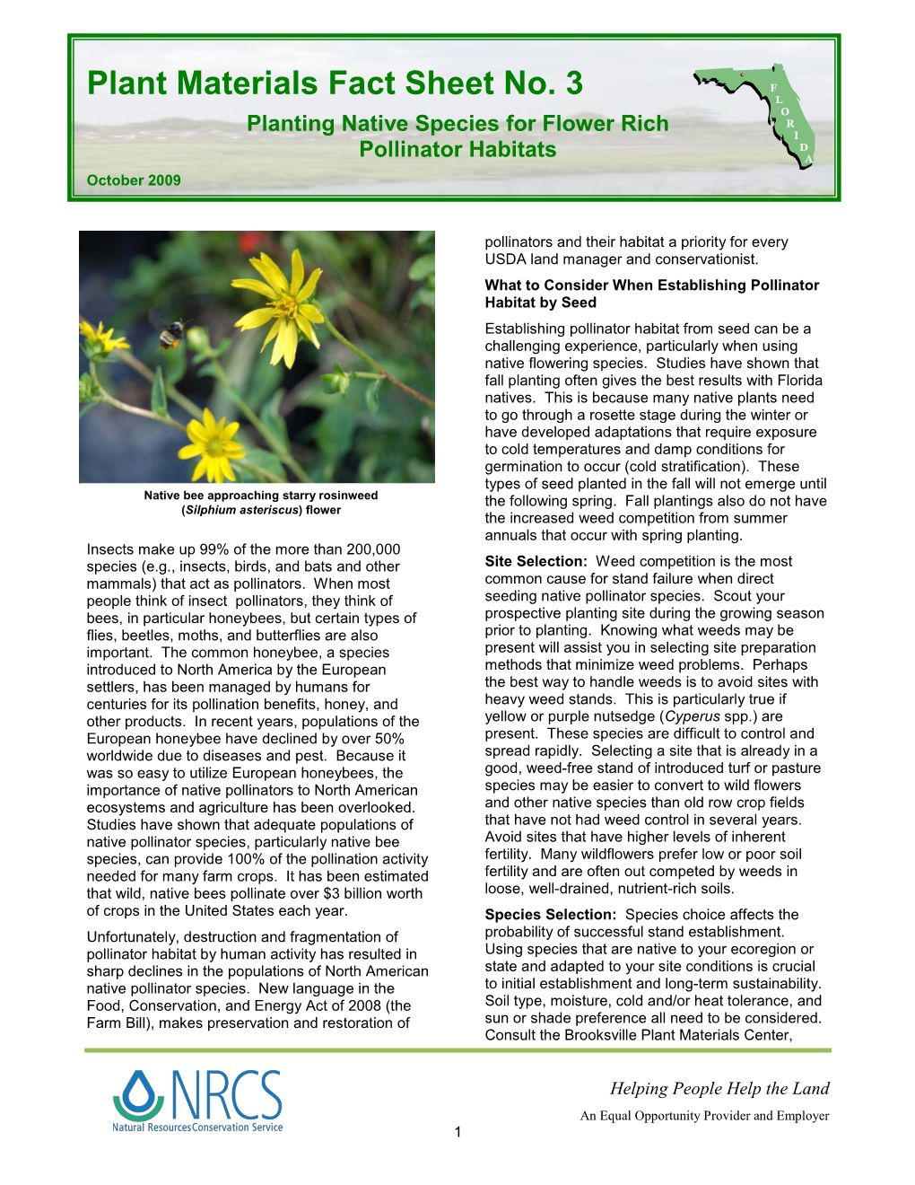 Plant Materials Fact Sheet Planting Native Species for Flower Rich Pollinator Habitat