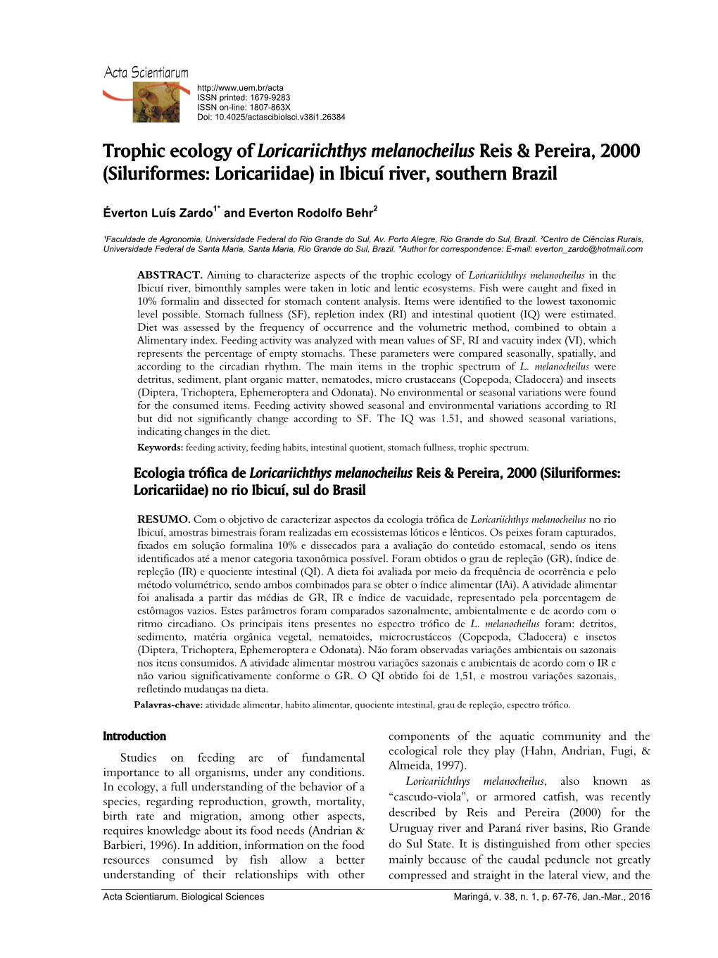 Trophic Ecology of Loricariichthys Melanocheilus Reis & Pereira, 2000