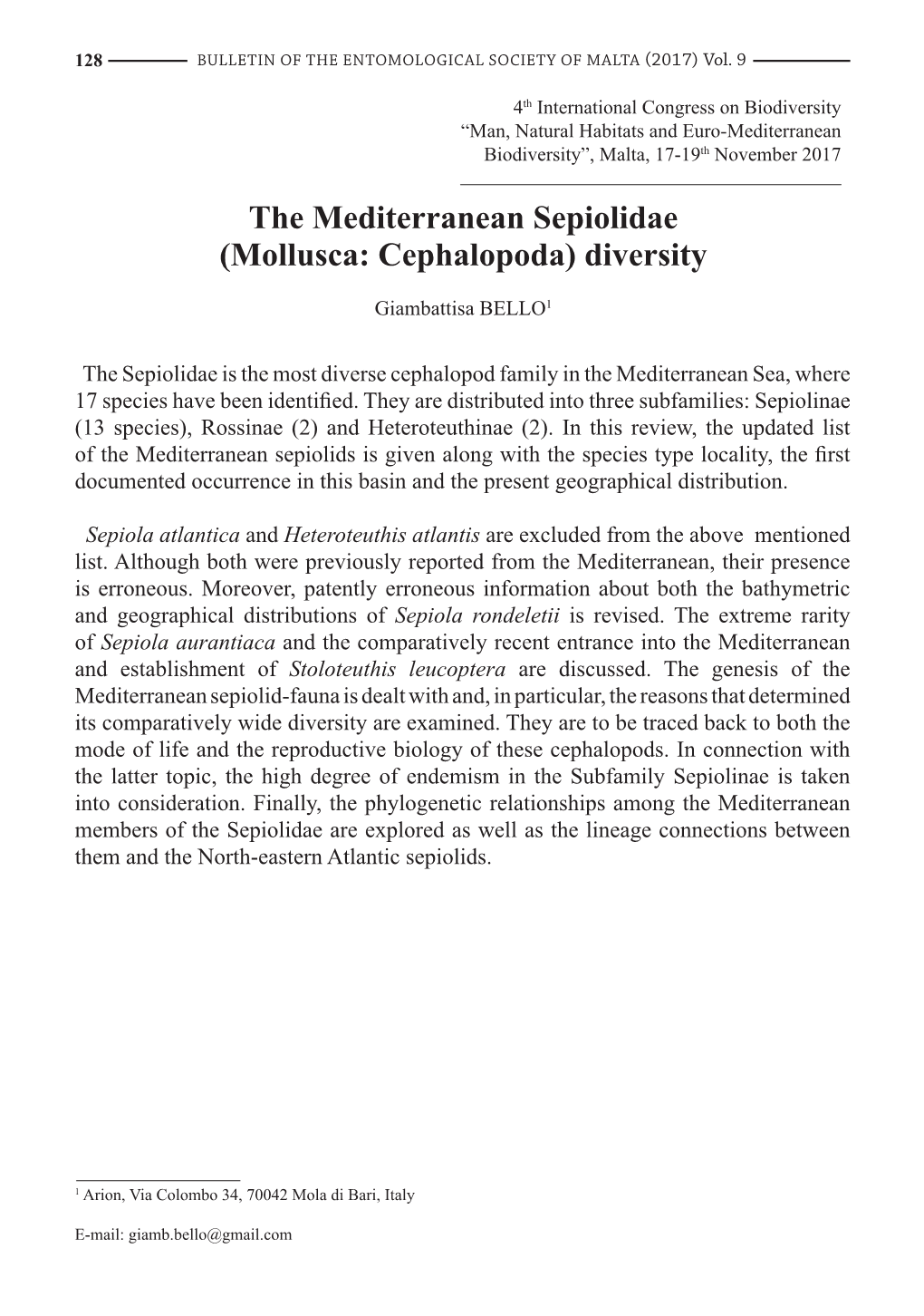 The Mediterranean Sepiolidae (Mollusca: Cephalopoda) Diversity