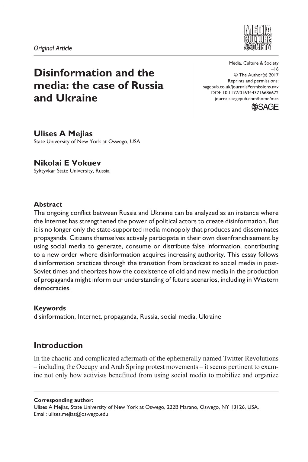 Disinformation and the Media: the Case of Russia and Ukraine