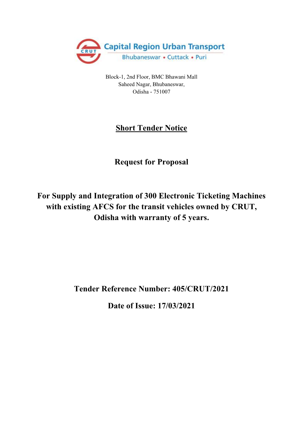 Short Tender Notice Request for Proposal for Supply And