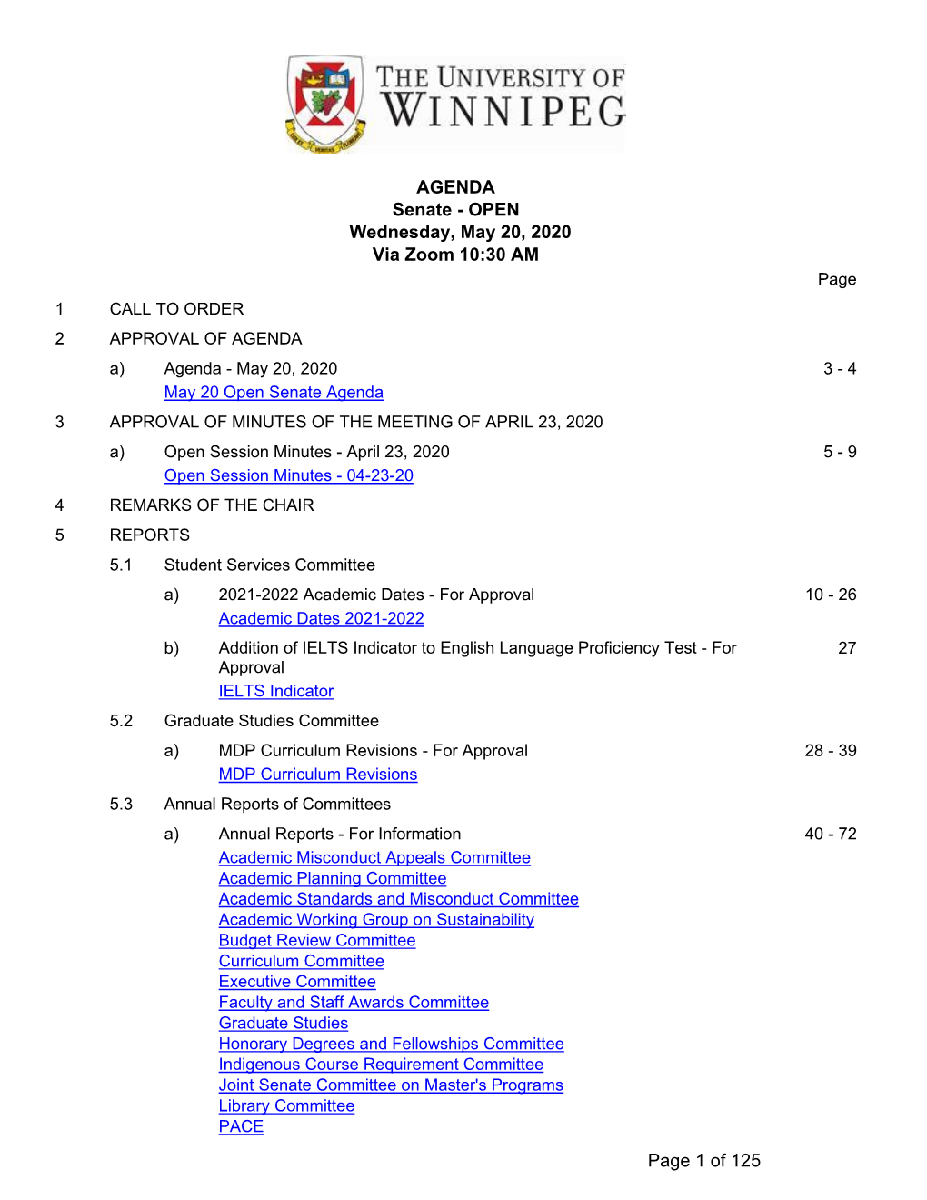 Senate - OPEN Wednesday, May 20, 2020 Via Zoom 10:30 AM Page