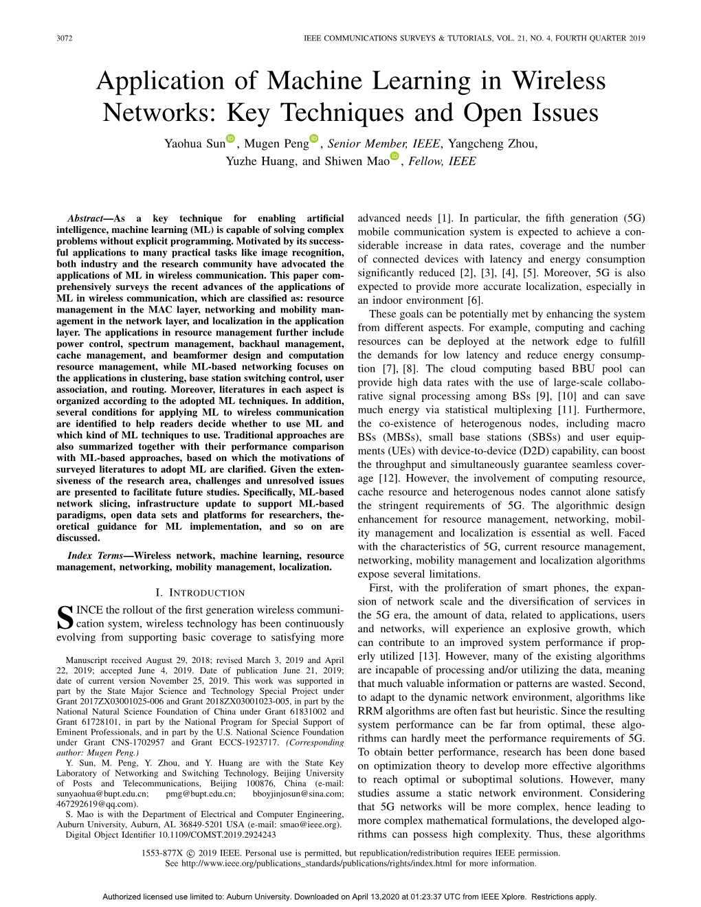 Application of Machine Learning in Wireless Networks: Key Techniques