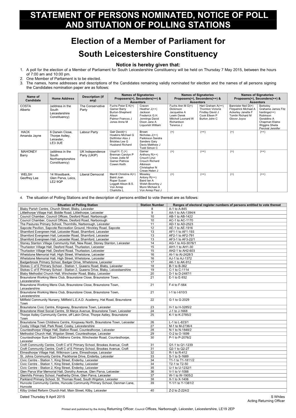 Statement of Persons Nominated & Notice Of