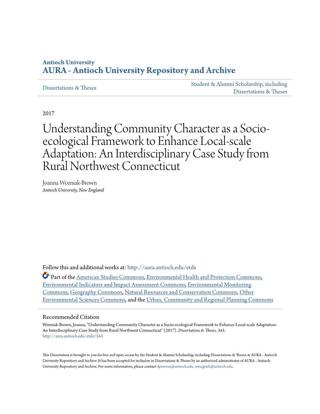 Understanding Community Character As a Socio-Ecological Framework To