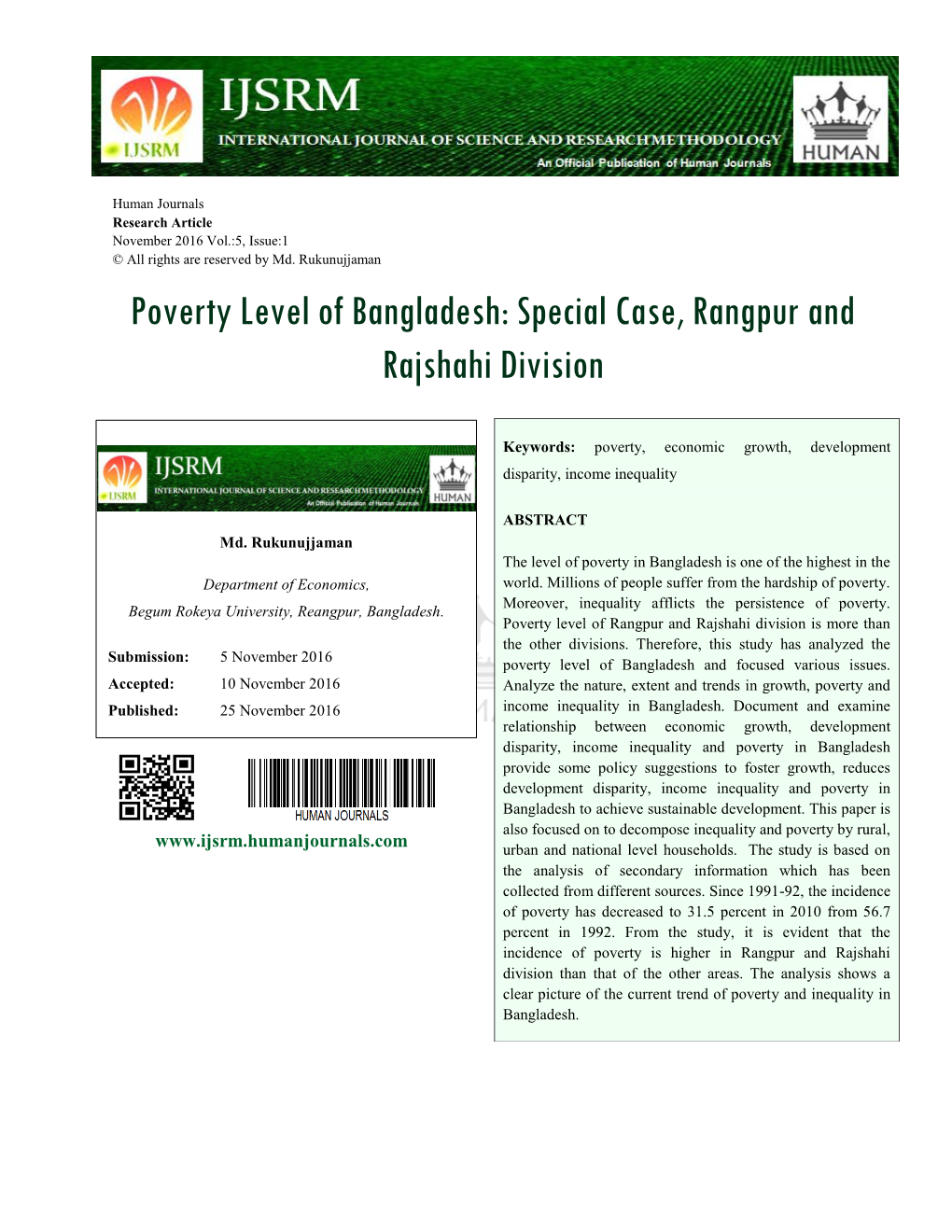 Poverty Level of Bangladesh: Special Case, Rangpur and Rajshahi Division