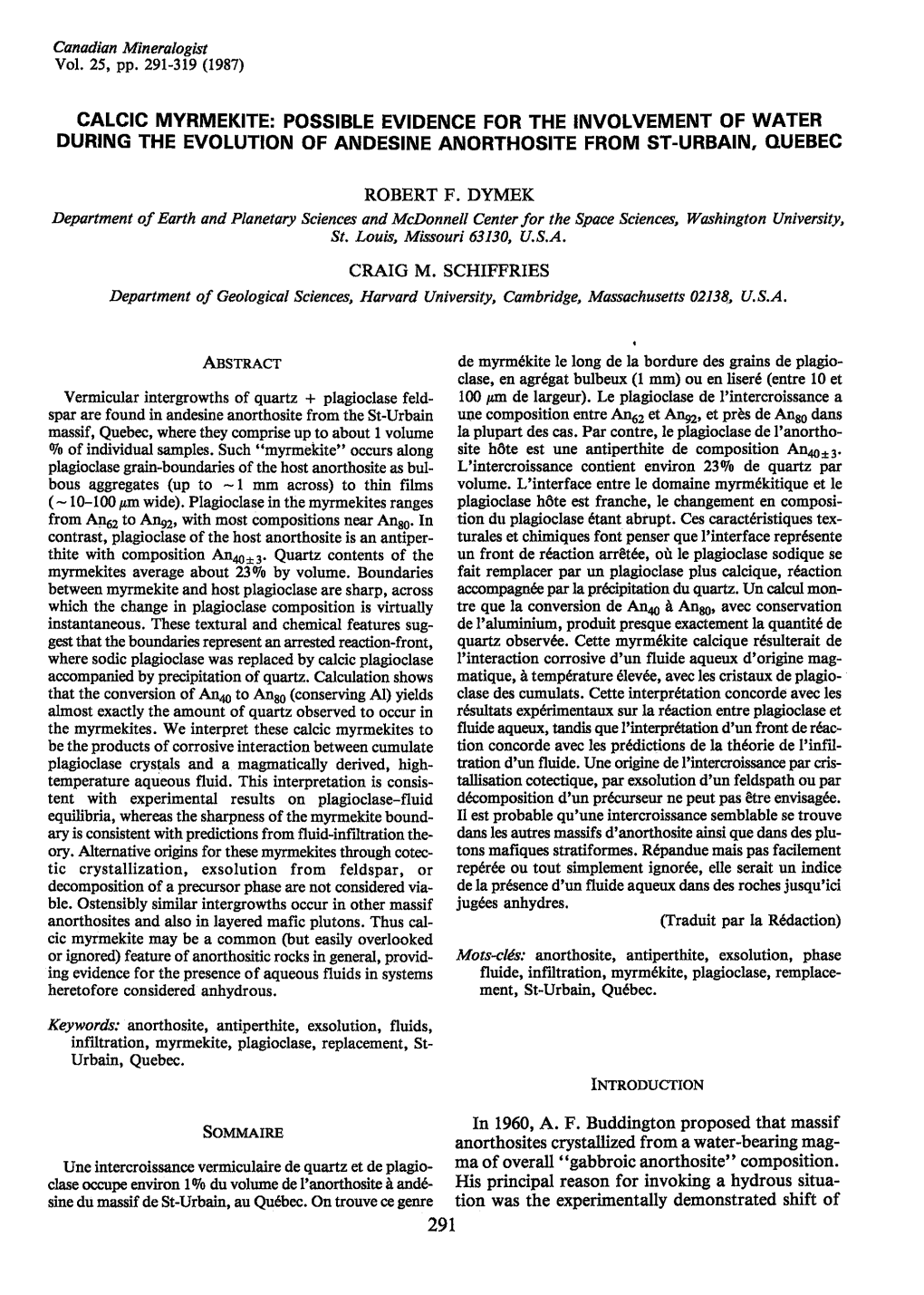 Calcic Myrmekite:Possible Evidence for the Involvementof Water Duringthe Evolutionof Andesineanorthosite from St-Urbain,Ouebec