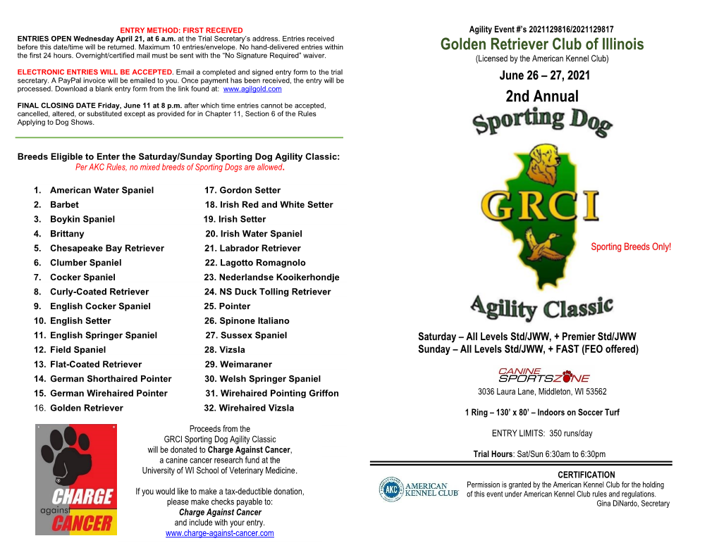 OFFICIAL AMERICAN KENNEL CLUB AGILITY ENTRY FORM AKC Rules, Regulations, Policies and Guidelines Are Available on the American Kennel Club Web Site