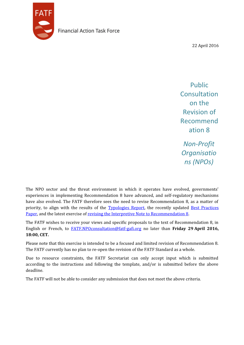 FATF Public Consultation on the Revision of the Interpretive Note to Recommendation 8