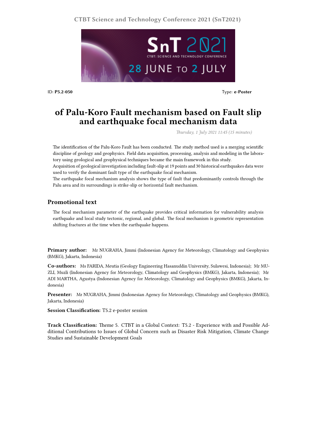 Of Palu-Koro Fault Mechanism Based on Fault Slip and Earthquake Focal Mechanism Data Thursday, 1 July 2021 11:45 (15 Minutes)