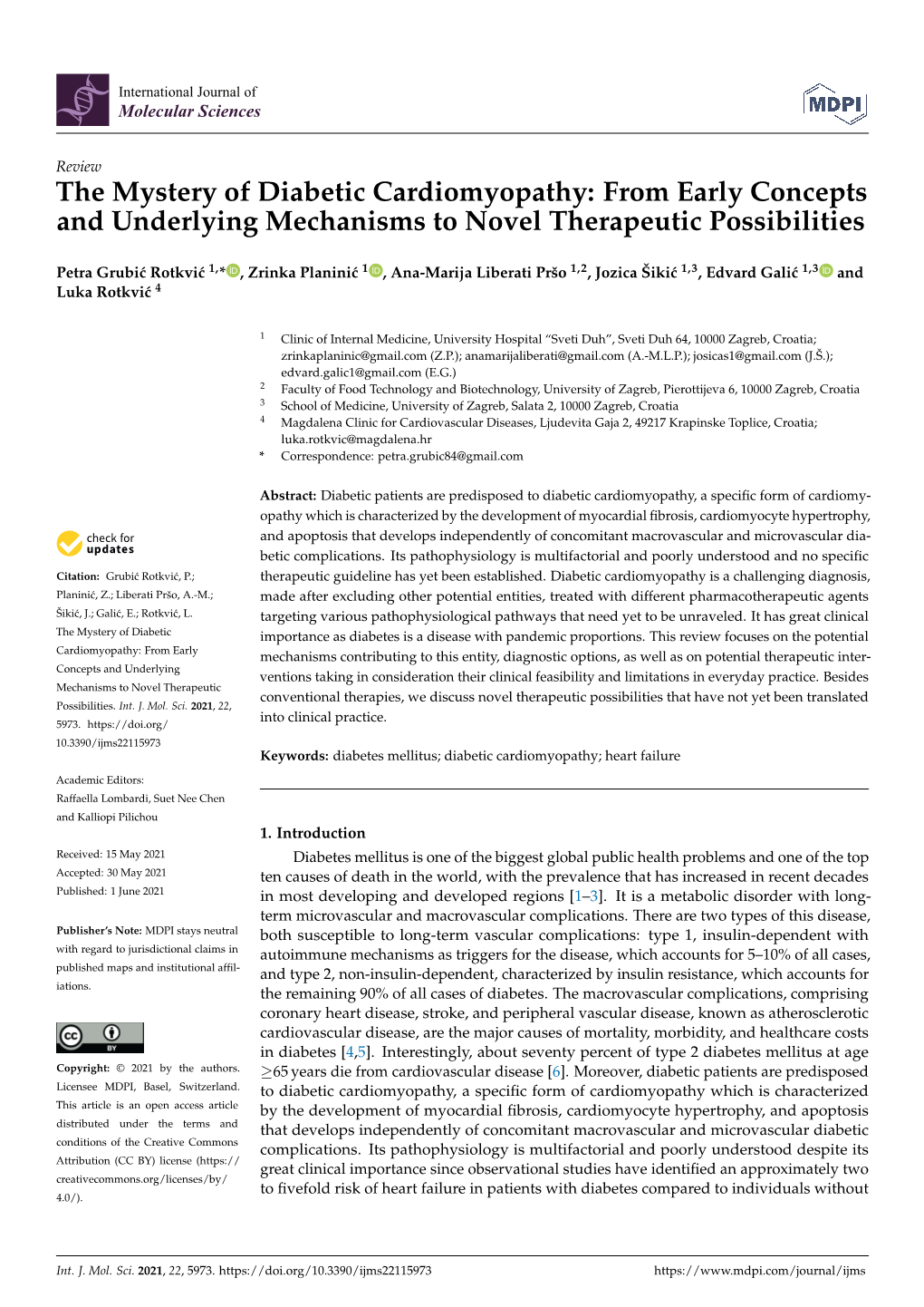 The Mystery of Diabetic Cardiomyopathy: from Early Concepts and Underlying Mechanisms to Novel Therapeutic Possibilities