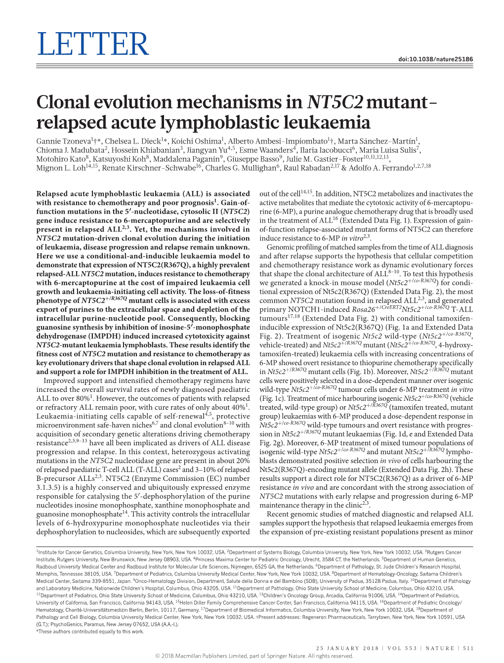 Clonal Evolution Mechanisms in NT5C2 Mutant- Relapsed Acute Lymphoblastic Leukaemia Gannie Tzoneva1†*, Chelsea L