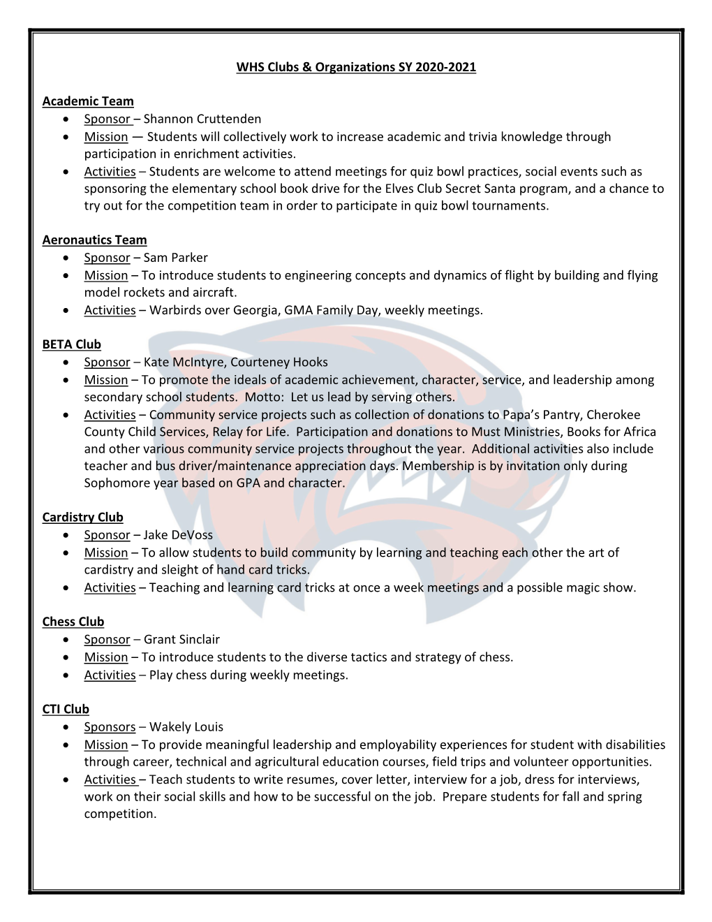 WHS Clubs & Organizations SY 2020-2021 Academic Team • Sponsor