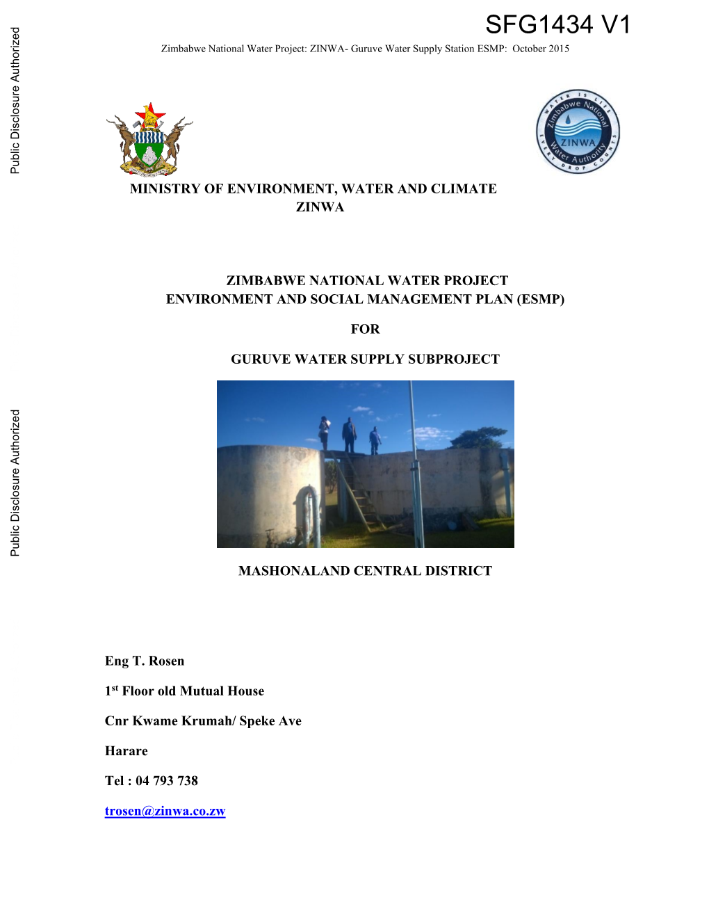 Zimbabwe National Water Project: ZINWA- Guruve Water Supply Station ESMP: October 2015