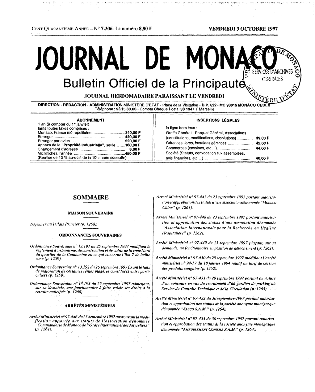 JOURNAL DE MONACO Vendredi 3 Octobre 1997