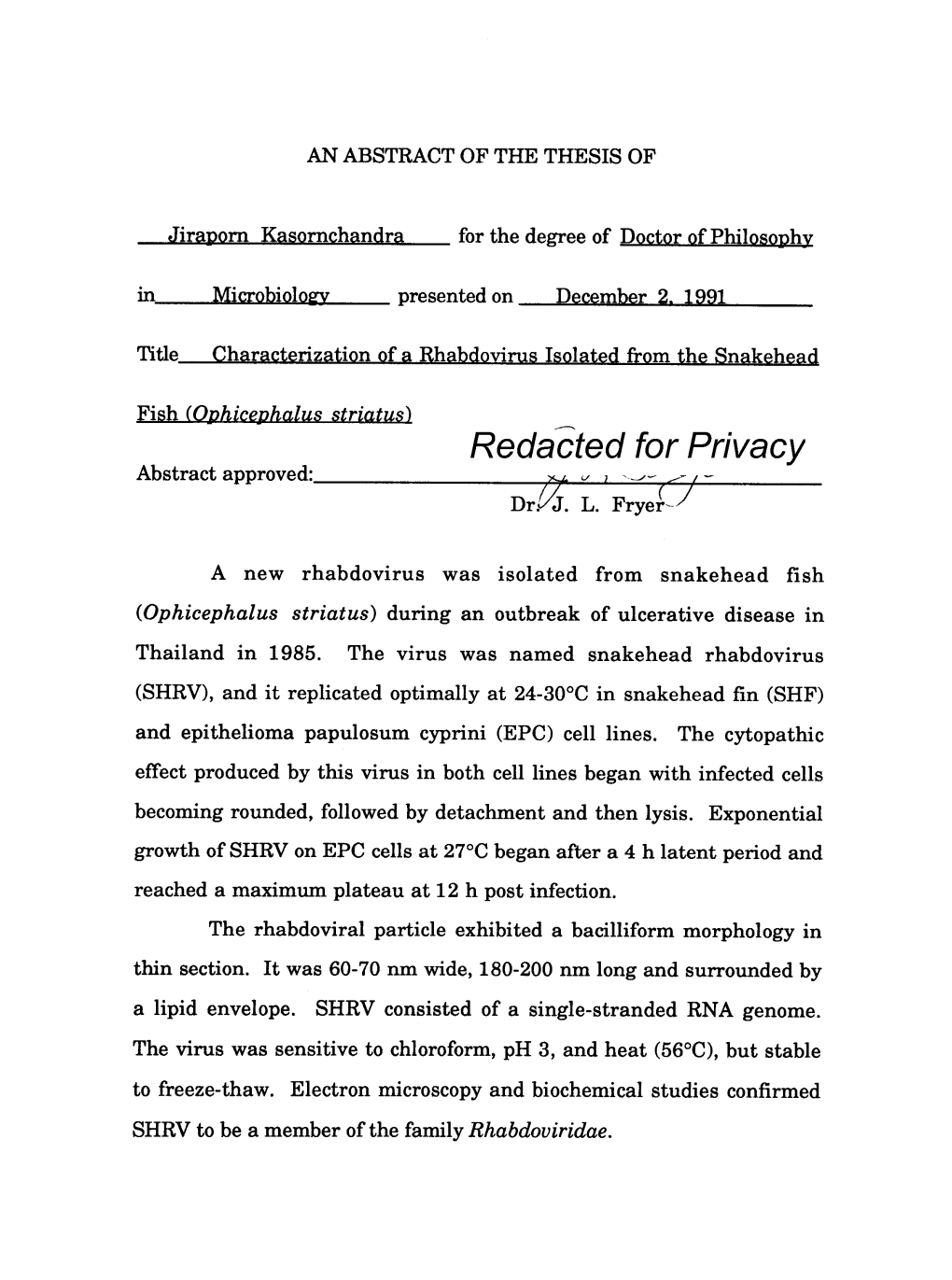 Characterization of a Rhabdovirus Isolated from the Snakehead