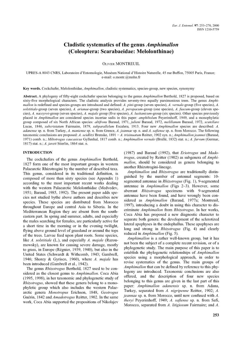 Cladistic Systematics of the Genus Amphimallon