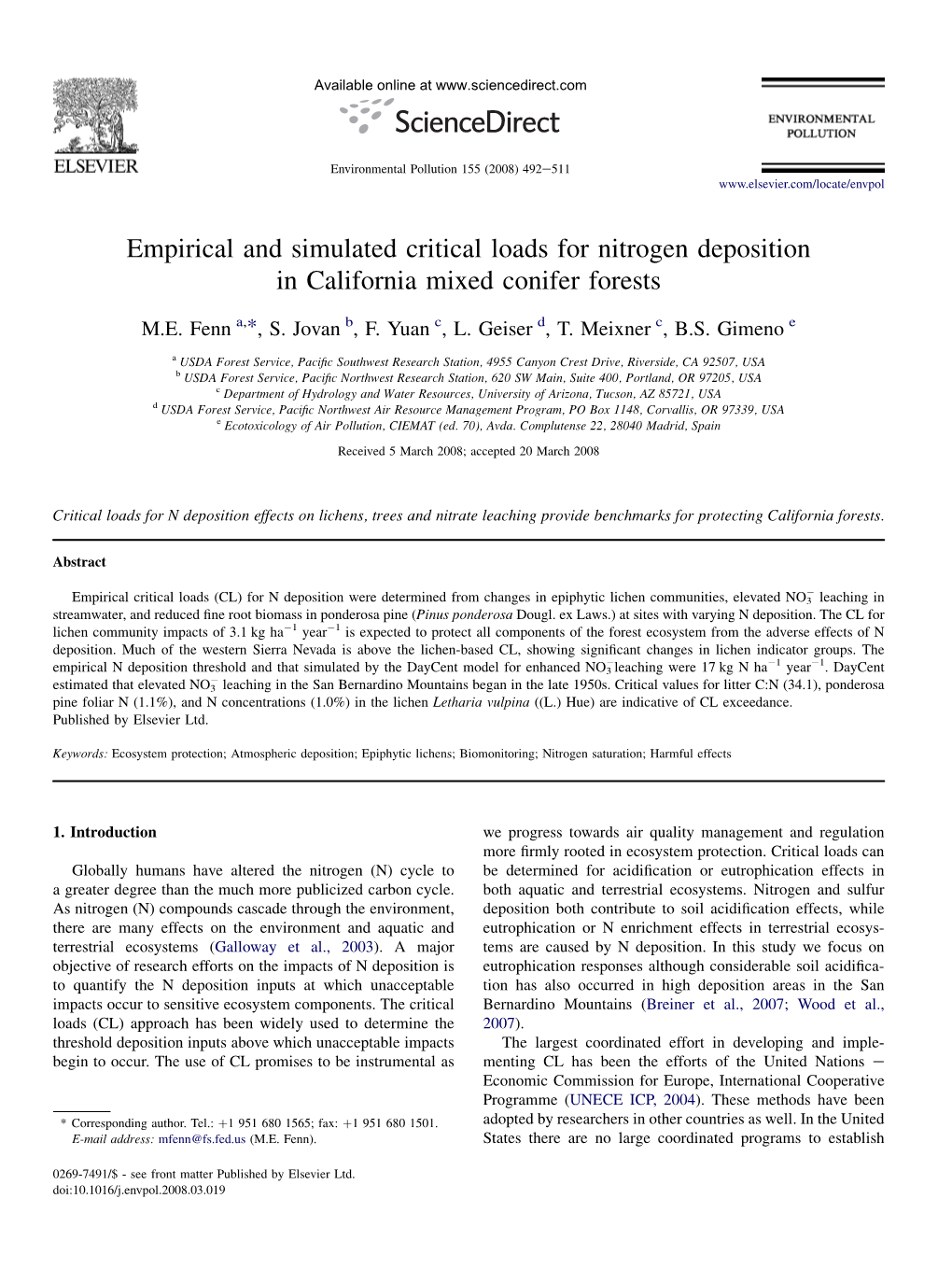 Empirical and Simulated Critical Loads for Nitrogen Deposition in California Mixed Conifer Forests